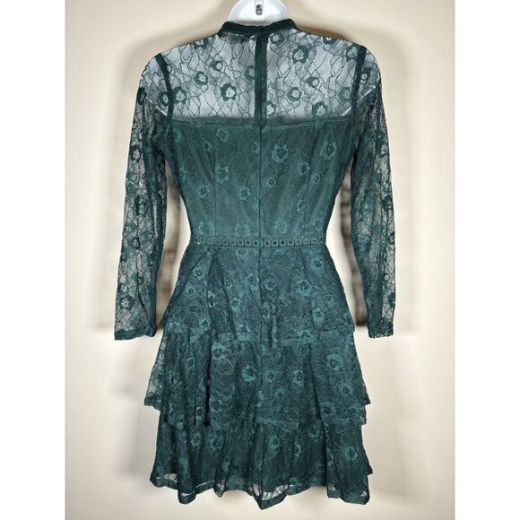 Holiday Green Lace Ruffled Long Sleeve Mini Dress Size XS Christmas Party - Picture 4 of 8